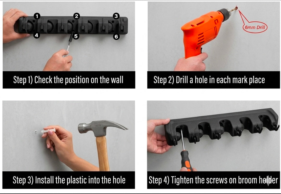 Mop and Broom Holder Wall Mount, Heavy Duty Broom Holder Wall Mounted or Tool Organizer for Home Garden Garage and Storage (5 Positions with 6 Hooks) (Black)