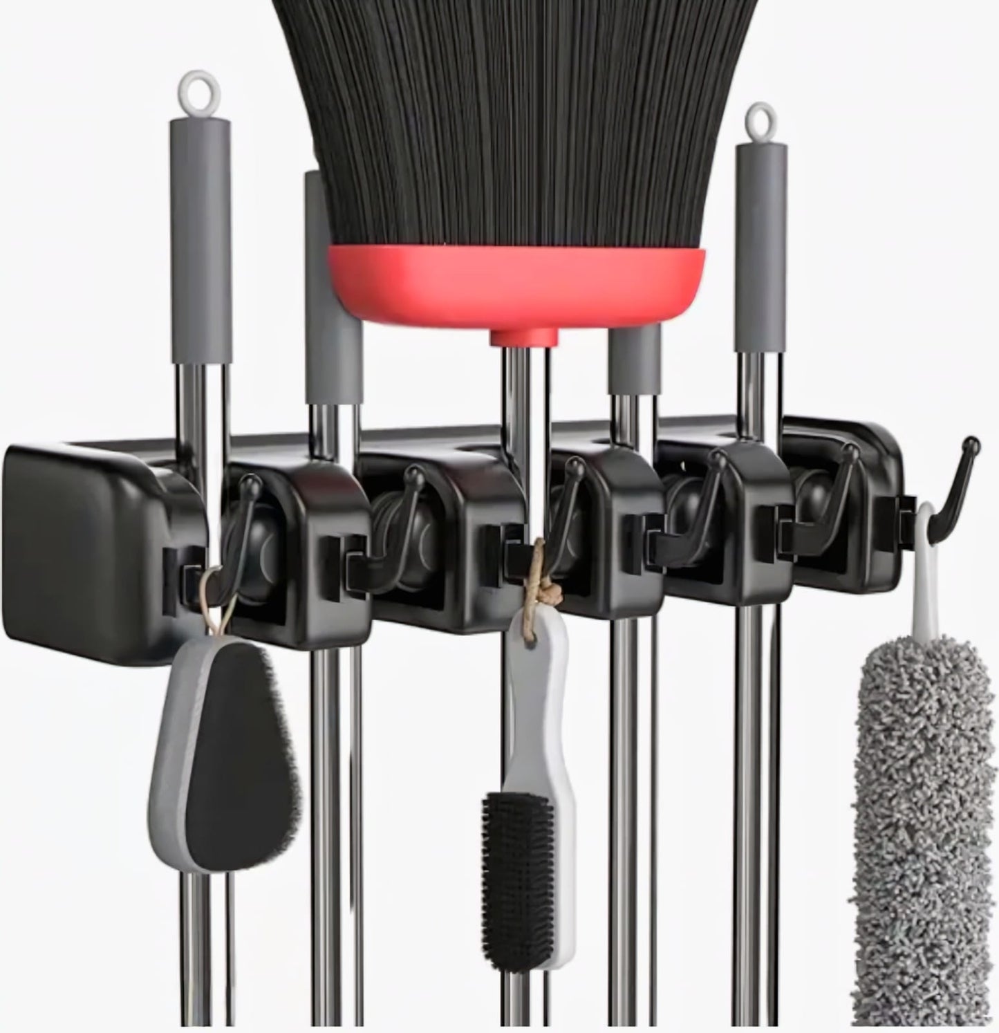 Mop and Broom Holder Wall Mount, Heavy Duty Broom Holder Wall Mounted or Tool Organizer for Home Garden Garage and Storage (5 Positions with 6 Hooks) (Black)