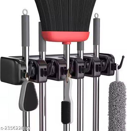 Mop and Broom Holder Wall Mount, Heavy Duty Broom Holder Wall Mounted or Tool Organizer for Home Garden Garage and Storage (5 Positions with 6 Hooks) (Black)