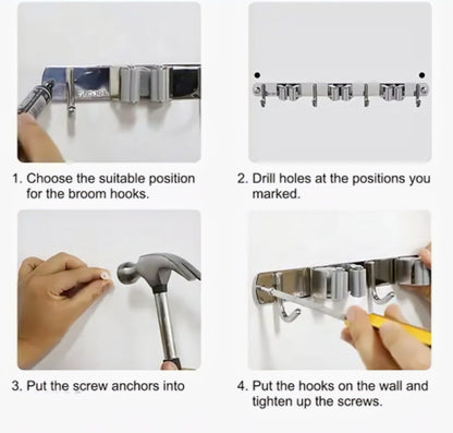 3 Racks 4 Hooks Broom Holder and Mop Holder Wall Mount, Heavy Duty Home Garden Garage and Storage Organizer