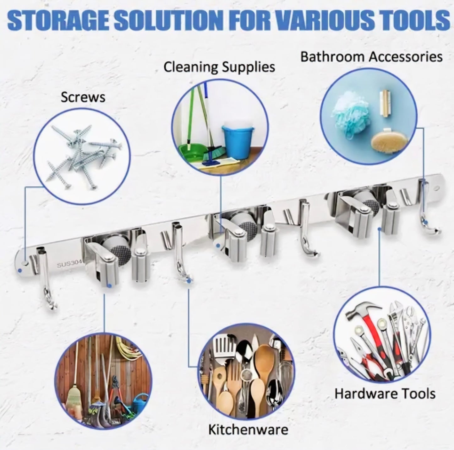 3 Racks 4 Hooks Broom Holder and Mop Holder Wall Mount, Heavy Duty Home Garden Garage and Storage Organizer